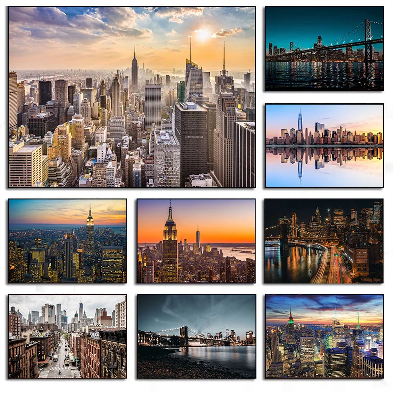 (No frame)New York City Night Skyline Landscape Neon Building Poster Canvas Painting Wall Art Pictures for Living Room Home D