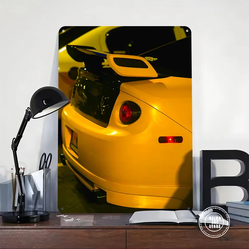 Yellow Sports Rear View Car Tinplate Poster Customized Wall Art Vintage Metal Signs Retro Tin Plaque for Decoration Home Sign