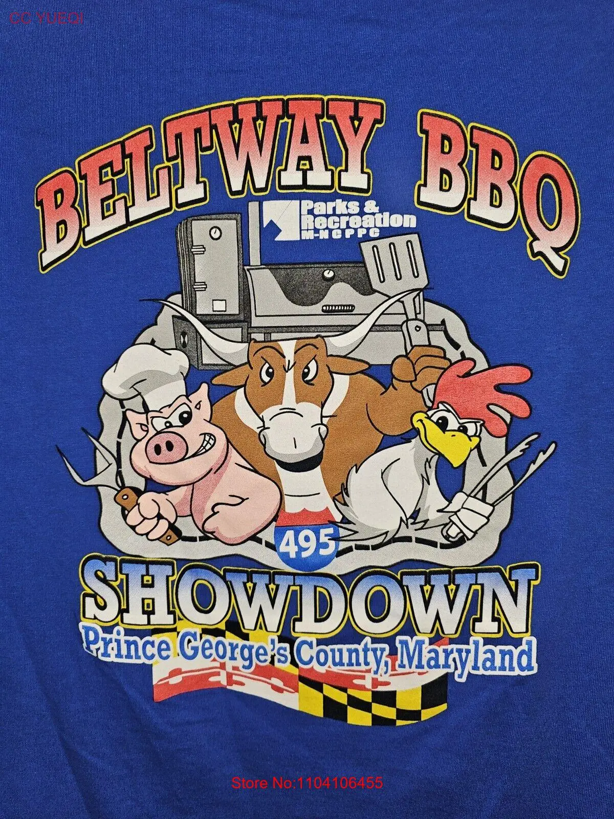 Battle Beltway BBQ PG County Maryland Large Mens Blue Double-sided Graphic Tee 