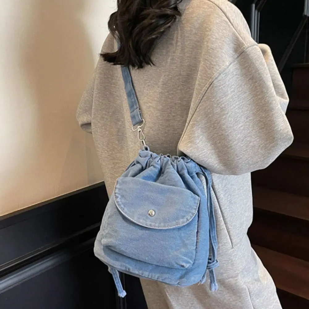 

Korean Style Retro Denim Shoulder Bag Crossbody Bag Solid Color Drawstring Bucket Bag Wallet Bags Purse Mobile Phone Bag Men