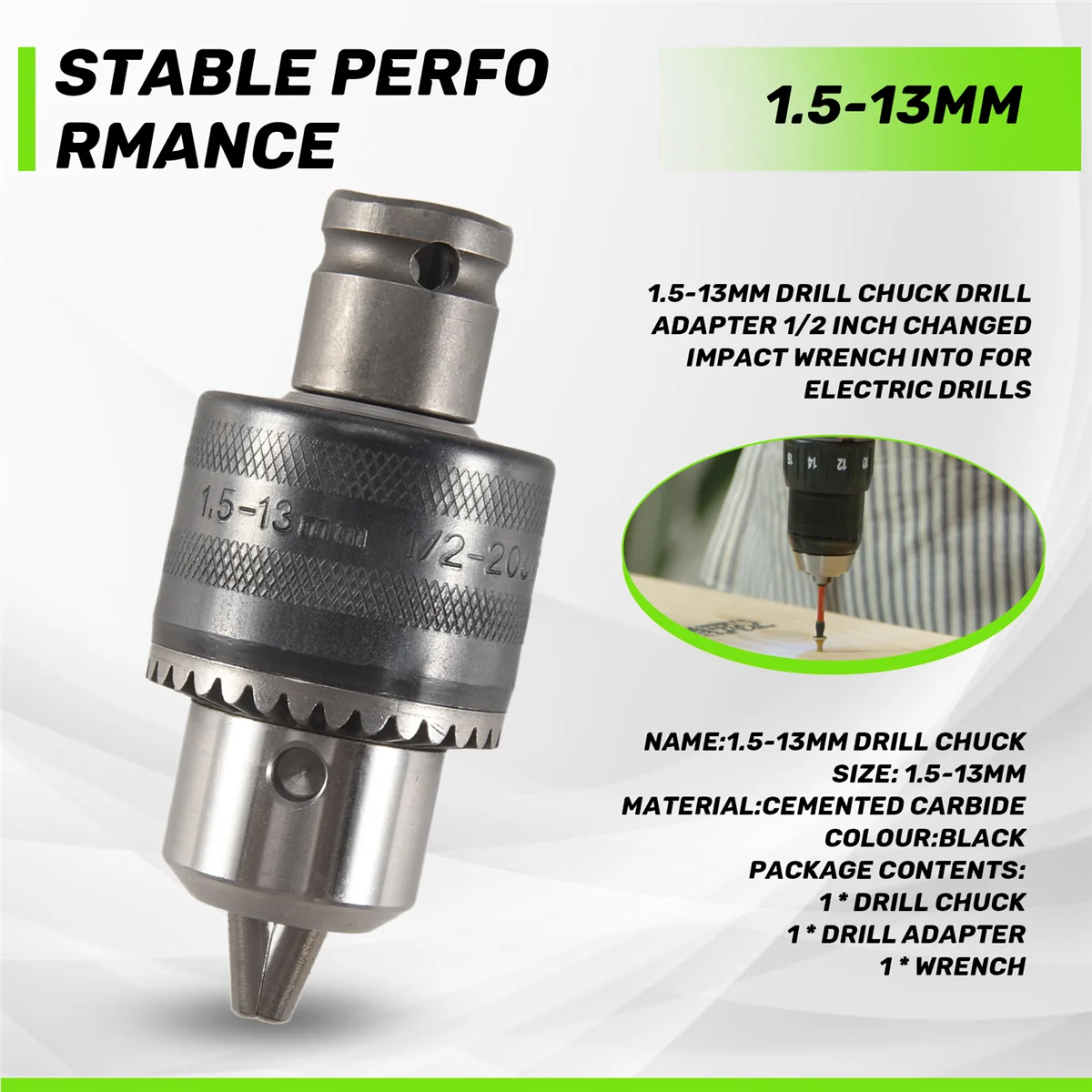 ABZL Adaptador de taladro de portabrocas de 1,5-13 mm Llave de impacto cambiada de 1/2 pulgada para taladros eléctricos