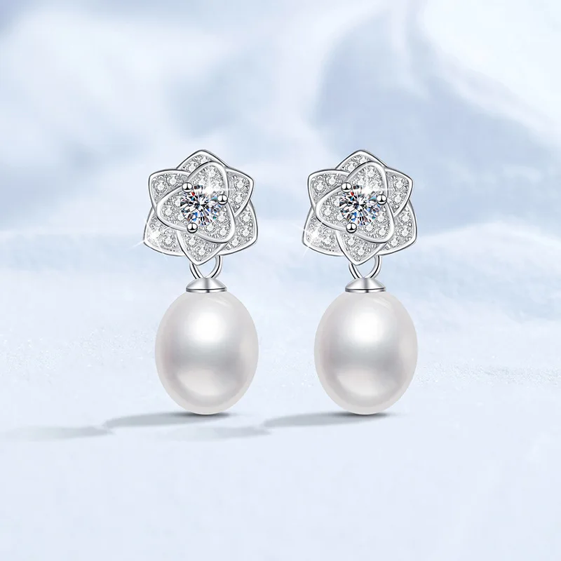 

Moissanite Earrings Platinum PT950 18K Gold Natural Freshwater Pearl Earrings Camellia Versatile High-end Earrings for Women