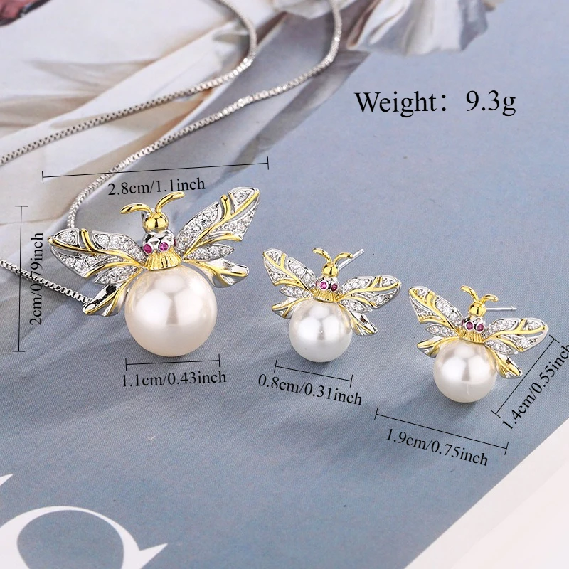 3pcs Elegant Vintage Jewelry Set for Women White Pearl Little Bee Necklace Shiny Crystal Choker Bridal Wedding Earrings Party
