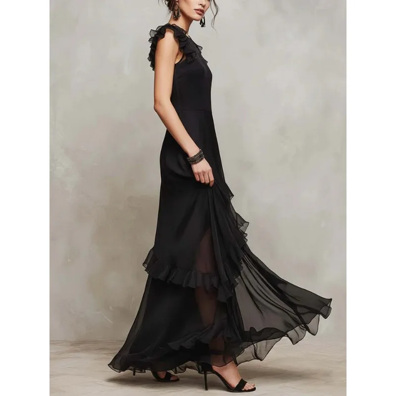 ティナ 女性用 シアー ラッフルトリム ドレス 2026 春夏 アシンメトリー パッチワーク メッシュ ジッパーバック イブニング ウェディング ゲストドレス