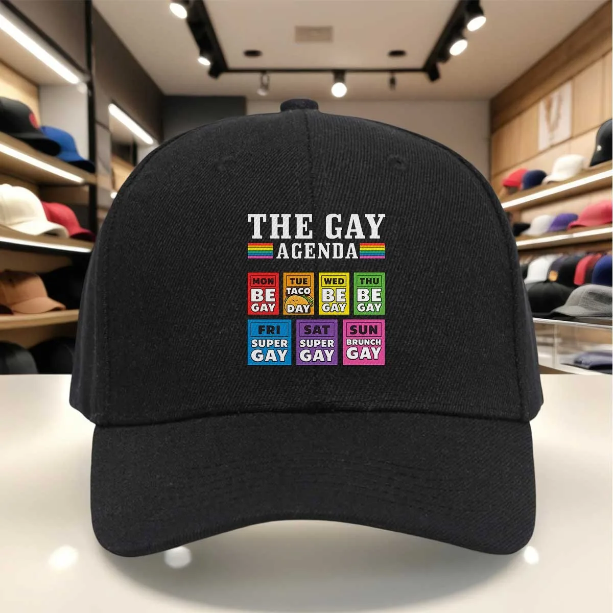 Colorful THE GAY AGENDA Baseball Cap - Weekday Themed Print Hat for Pride Events, Casual Wear, and Daily Outings