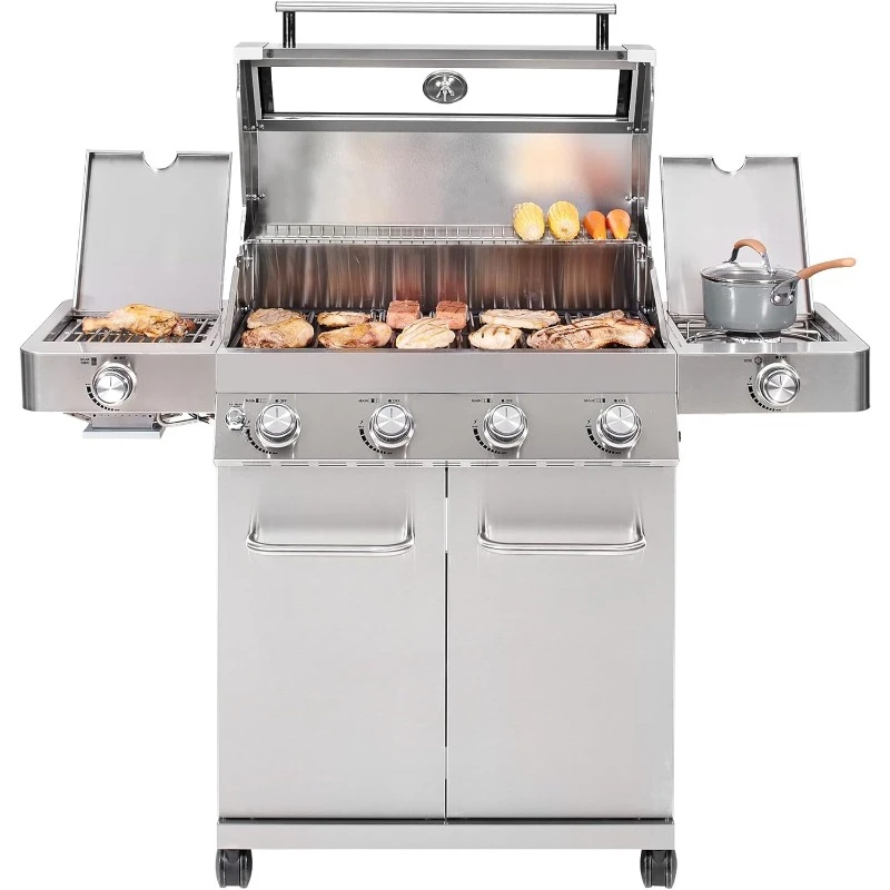 Larger 4-Burner Propane Gas Grills Stainless Steel Cabinet Style, Knob Controls, Built-In Thermometer