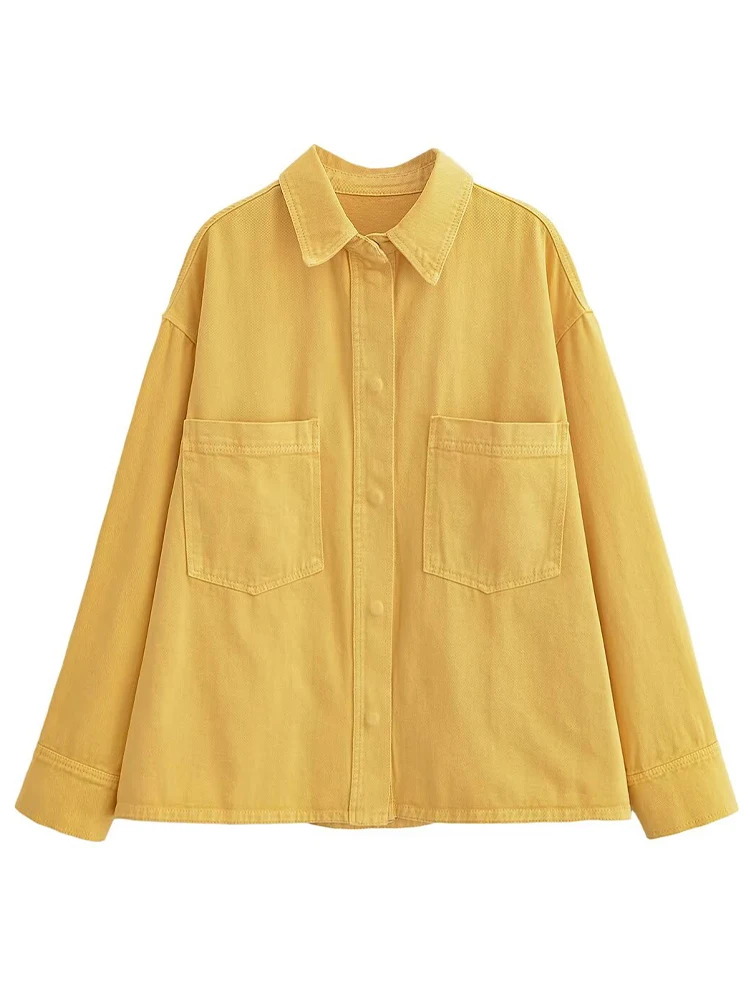

European style new women's fashion versatile temperament simple pocket decoration long sleeve lapel shirt jacket