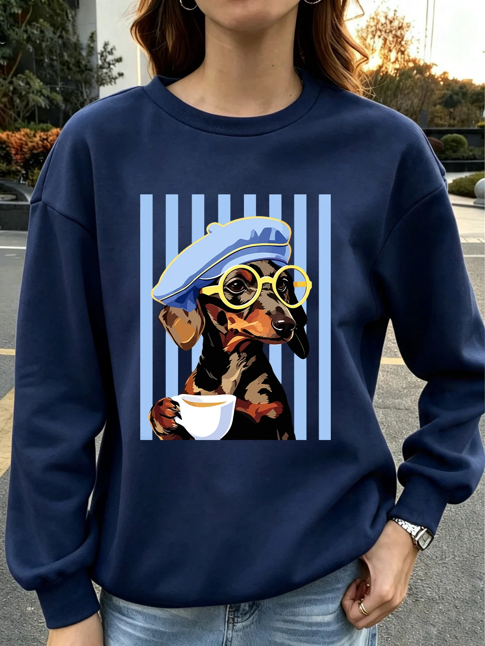 Dackel-Illustrationsdrucke, Sweatshirts für Damen, Winter-Fleece, warme Kapuzenpullover, Rundhalsausschnitt, lockere Oberteile, Basics, sportliche Damenbekleidung – Detail 19