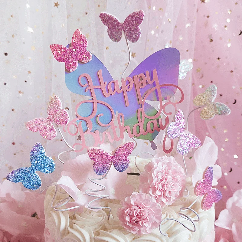 7PCS/SET Pink Butterfly Birthday Happy Cake Flag Insertion Birthday Party Flag Insertion