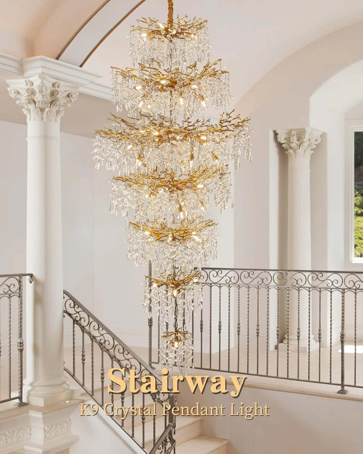 

Modern Staircase Crystal Ceiling Chandeliers Silver Large Loft Crystal Hanging Chandelier for Entrance Hall Living Room