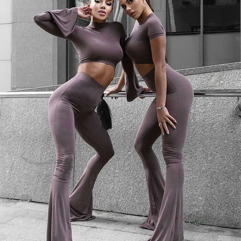 Autumn Winter Top Pants 2 Piece Set Women New Streetwear Fashion Half High Collar Long Sleeves Tees Casual Slim Trousers 2 Piece