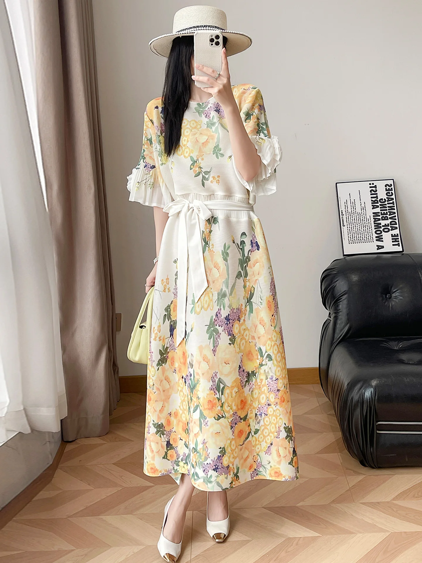 

Elegant Long Floral Oil Painting Print Dress Women's Loose Hugging Body Summer Vacation Skirt High Waist Pleated Polyester Fiber