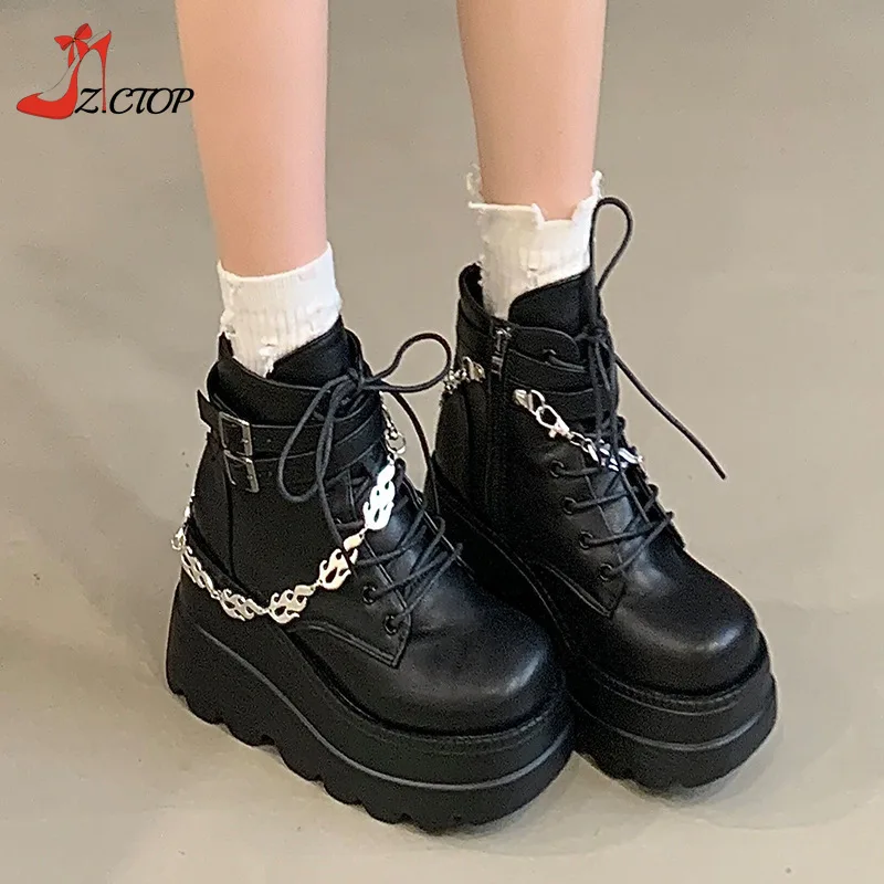 

Platform Women's Boots Wedges High Heels Ankle Boots Side Zip Height Increasing Gothic Punk Short Boot Women Cosplay Shoes