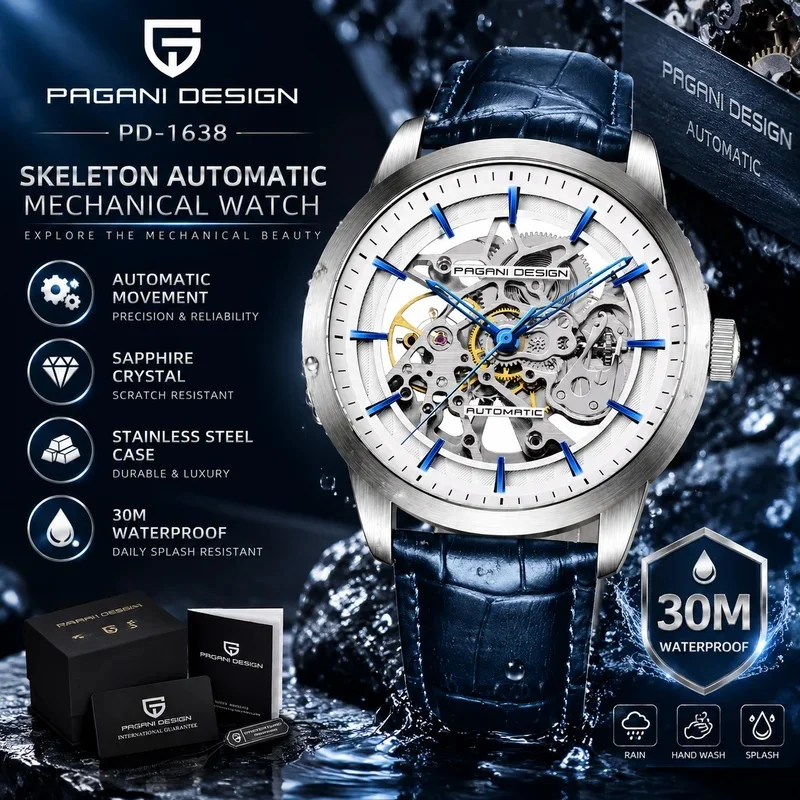 PAGANI DESIGN PD-1638 Men's Skeleton Automatic Watch - Classic Hollow Design Low-key Luxury Mechanical Wristwatch