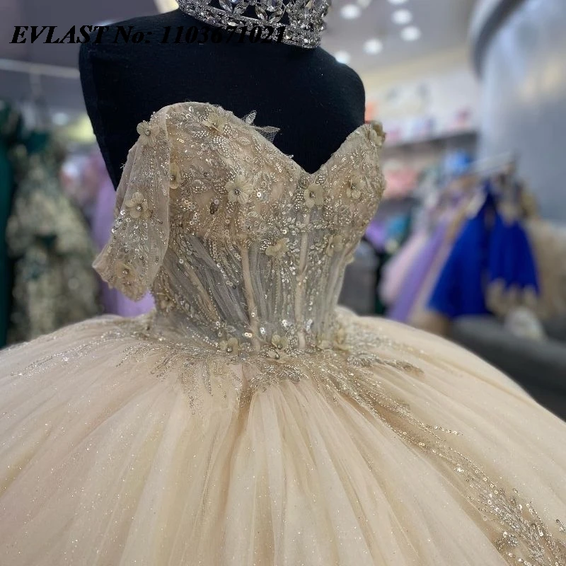 EVLAST Customized Champagne Quinceanera Dress Ball Gown Shiny Lace Applique Beading Corset Sweet 16 Vestidos De XV 15 Anos SQ112