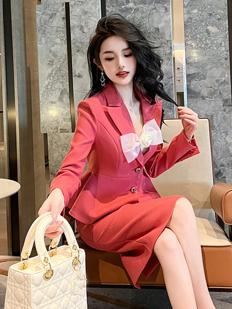 Elegante Süße 2 Stück Kleid Anzug Sets für Frauen 2023 Einreiher Jacke Glanz Pailletten Rose Bogen Slip Strap Dünne midi Kleid