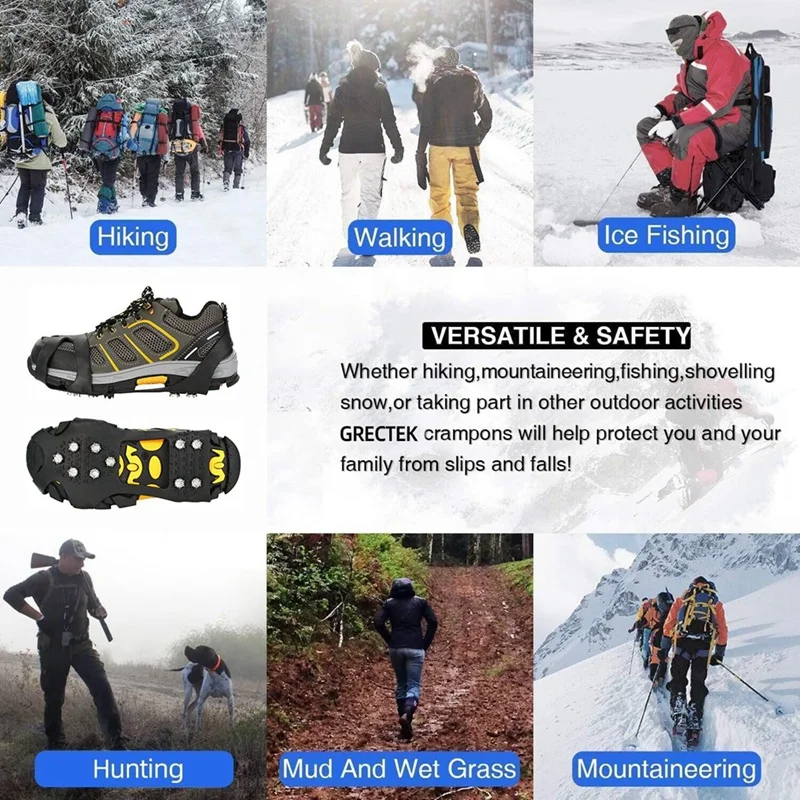 Outdoor Non-Slip Ice Snow Grips Cleat Crampons Over Shoe/Boot Traction Cleat Slip-On Stretch Footwear Black Metal+TPE (XL)