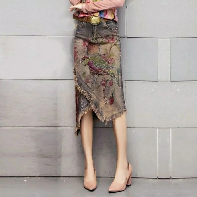 

New Arrival A-Line Asymmetrical Hem Denim Skirt with Fringe And Gold Embroidery Mid-Length Retro Sle High Waist Floral Print