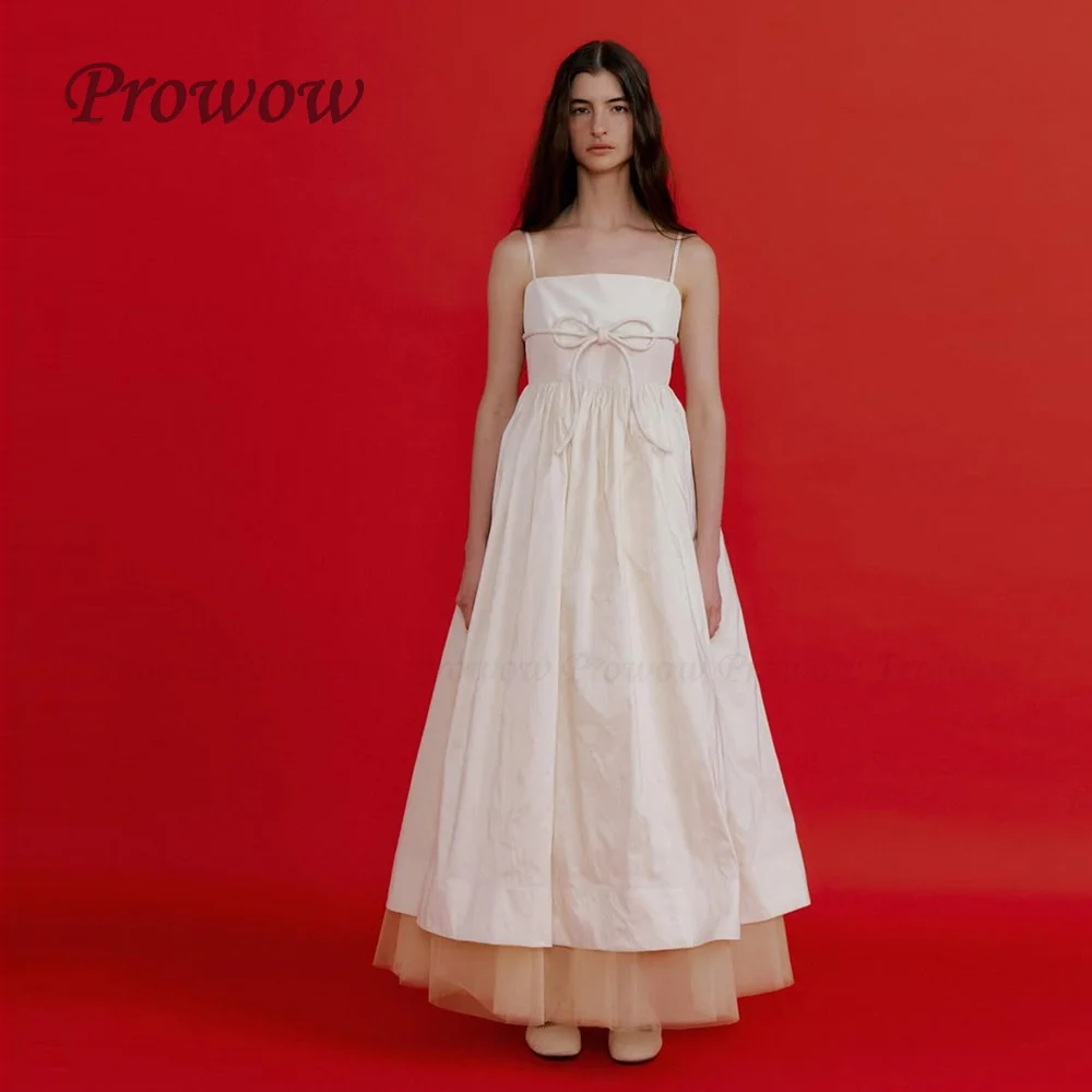 

Prowow Simple A Line Korean Wedding Dress Photo Shoot Spaghetti Straps Floor Length Bridal Gown Taffeta Tulle Customized