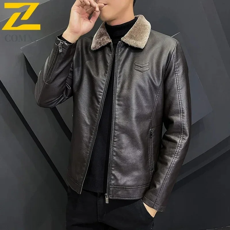 

2025 Winter Leather Jacket Fashion Lapel Travel Warmth Thickened Solid Zipper Coat Plus Size Cold Protection Men Leather Jackets