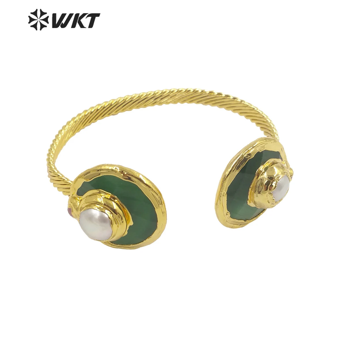 

WT-B616 Wholesale Fashion Double Cat Eye Stone Bangle 18k Real Gold Plated Resist Tarnishable Pearl Charm Accessories