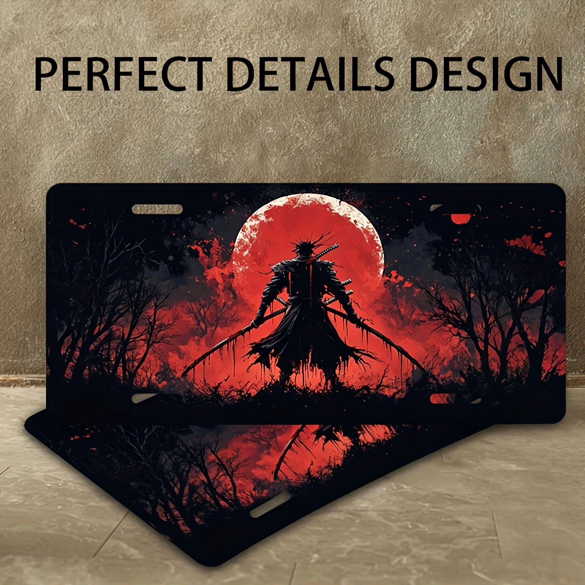 2D Flat Design-a Samurai Under a Blood on a Front License Plate,Featuring a Vibrant Samurai,Durable And Easy to Clean