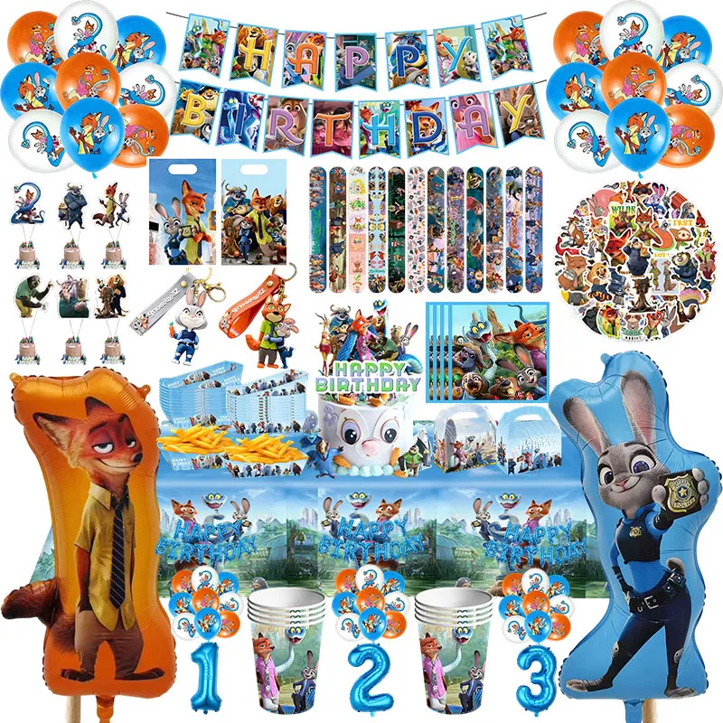 Image of Zootopia 2 Geburtstagsparty-Dekorationsset Tischgeschirr Teller Becher Happy Zootopia Geburtstag Judy Nick Ballons Party-Zubehör-Set