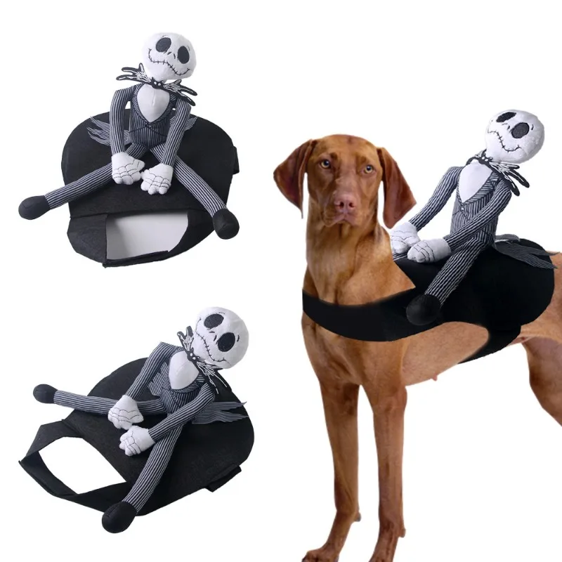 

Halloween Rider Dog Costumes Funny Pets Outfit Skeleton Doll On Back Adjustable Straps Washable Breathable For Small Medium Dogs
