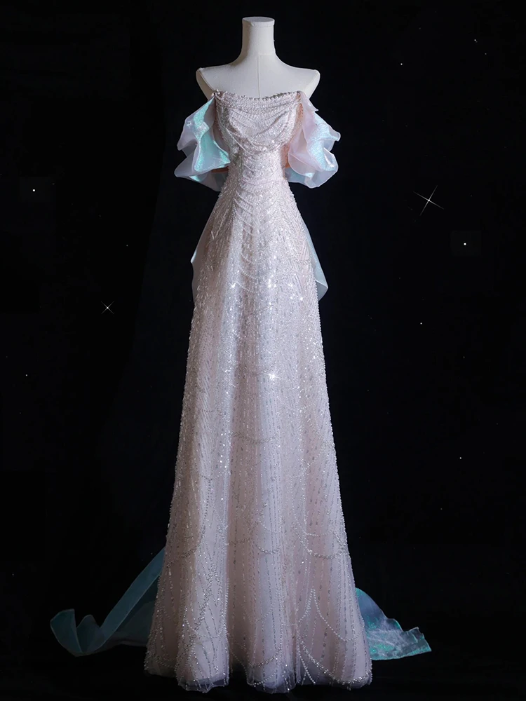 

Ele One-oulder Bridal Dr Heavy Embelliment Long Train Wedding Reception Evening Gown Luxury Bride-to-be Welcome