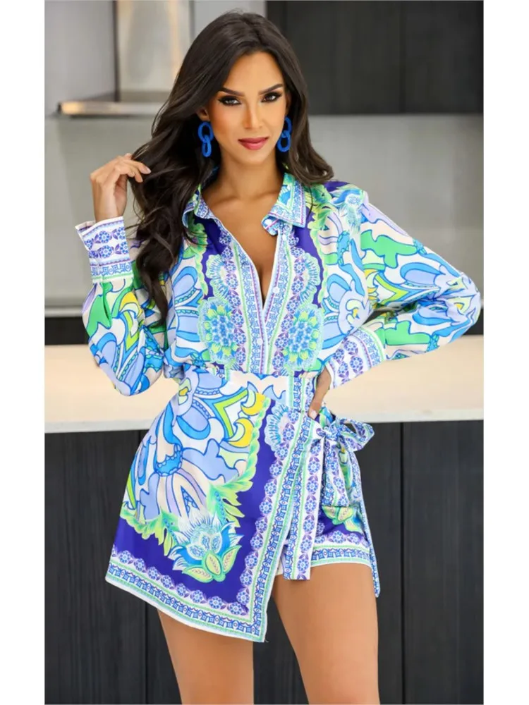 Fashion Print Women 2 Piece Set Outfit Summer Long Sleeve Shirt & Side Split Mini Skirt Shorts Set Lady Vacation Outfits 2024