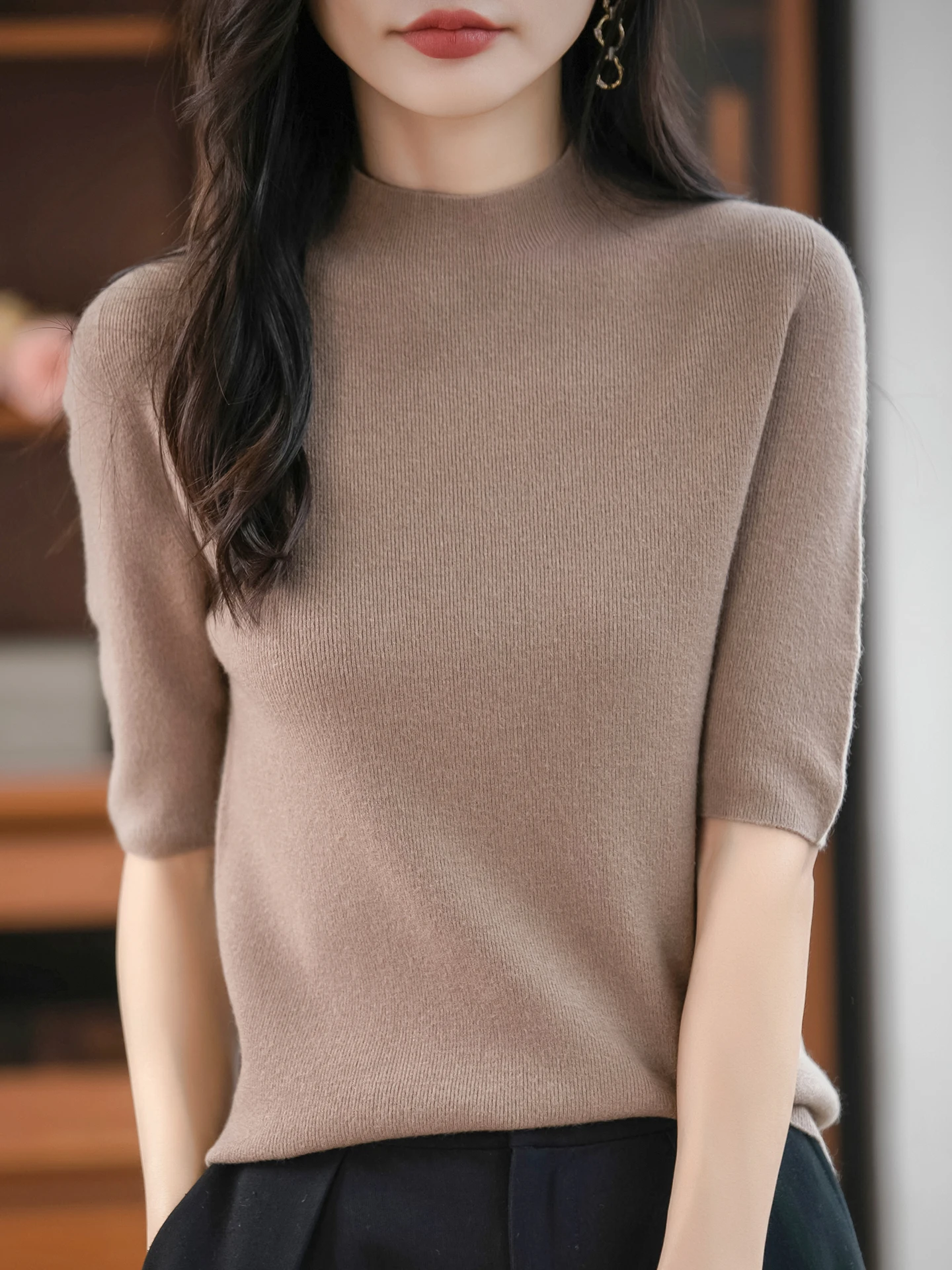 

Chic f-High Collar Knitted ort Sve Base irt Women's New 2025 Five-Sve Outerwear Sweater T-irt Inner Wear Casua...