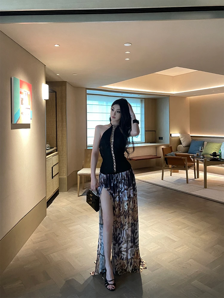 

ChiclyNana Sexy Hollow out Bal Leopard Print Summer Vaion Dr Neline Gown Svel High Waist Long Dr