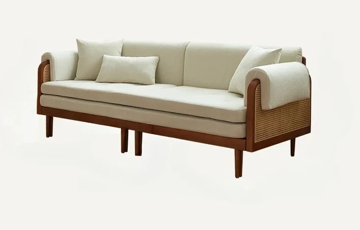 

Retro folding sofa bed dual-purpose straight row solid wood rattan living room imperial concubine fabric modern simple