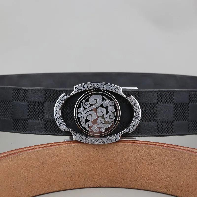 Handmade new oval buckle checkered men's genuine cow leather belt imported from Italy, top layer cowhide belt, 304 stainless ste
