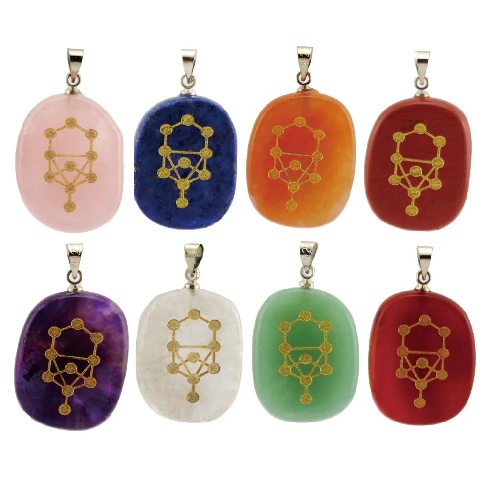 Natural Gemstone Handmade Carve Kabala Tree of Life Charm Pendant Reiki Healing Crystal Necklace Energy Stone Jewelry