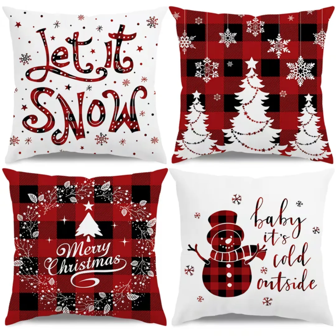 4pcs Christmas Tree Cushion Cover Truck Deer Print Soft Pillowcase for Home Living Room Bedroom Decoration Nap Companion Office