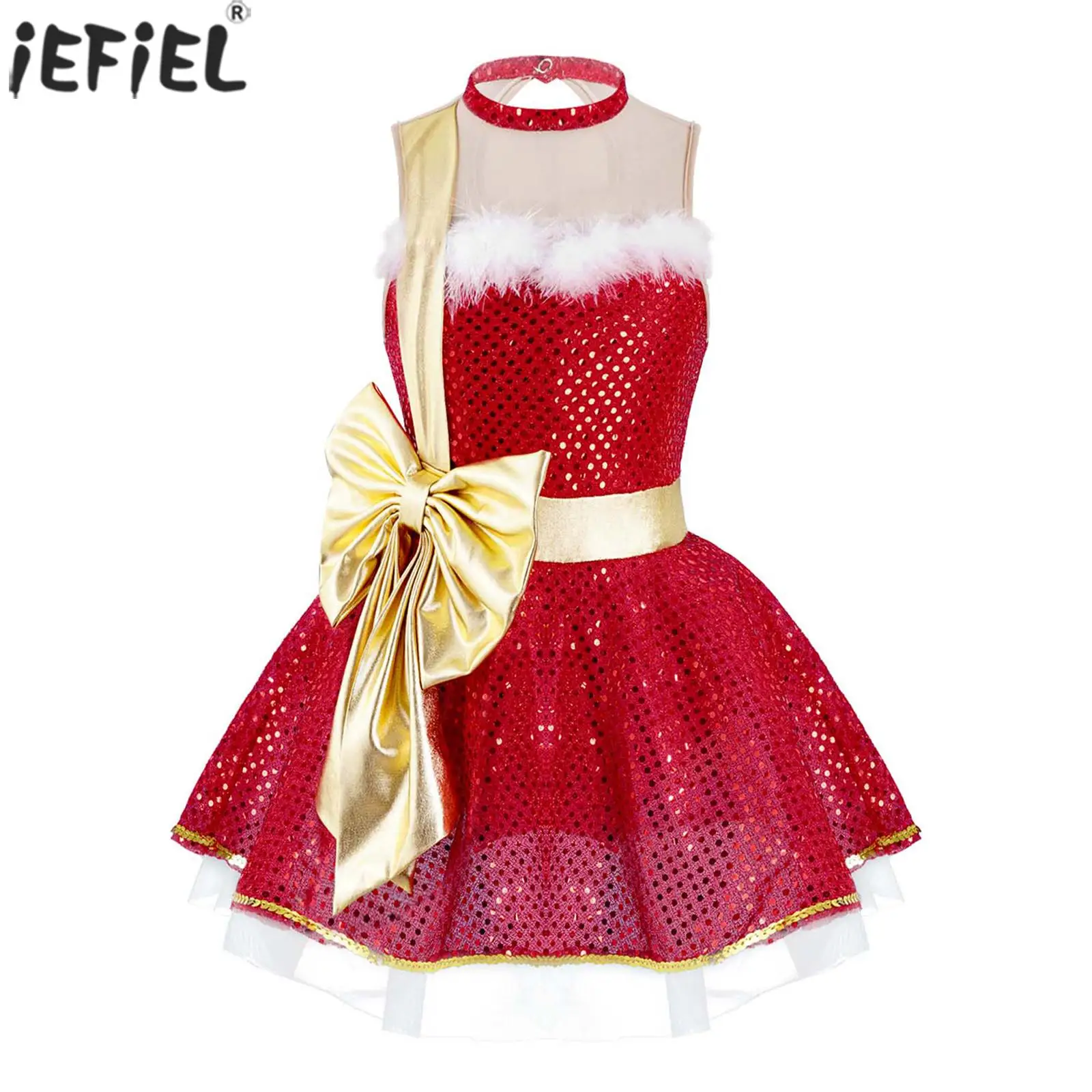 Kids Girls Sequins Sleeveless Ballet Dance Figure Skating Tutu Dress Leotard Christmas Party Santa Claus Performance Costume