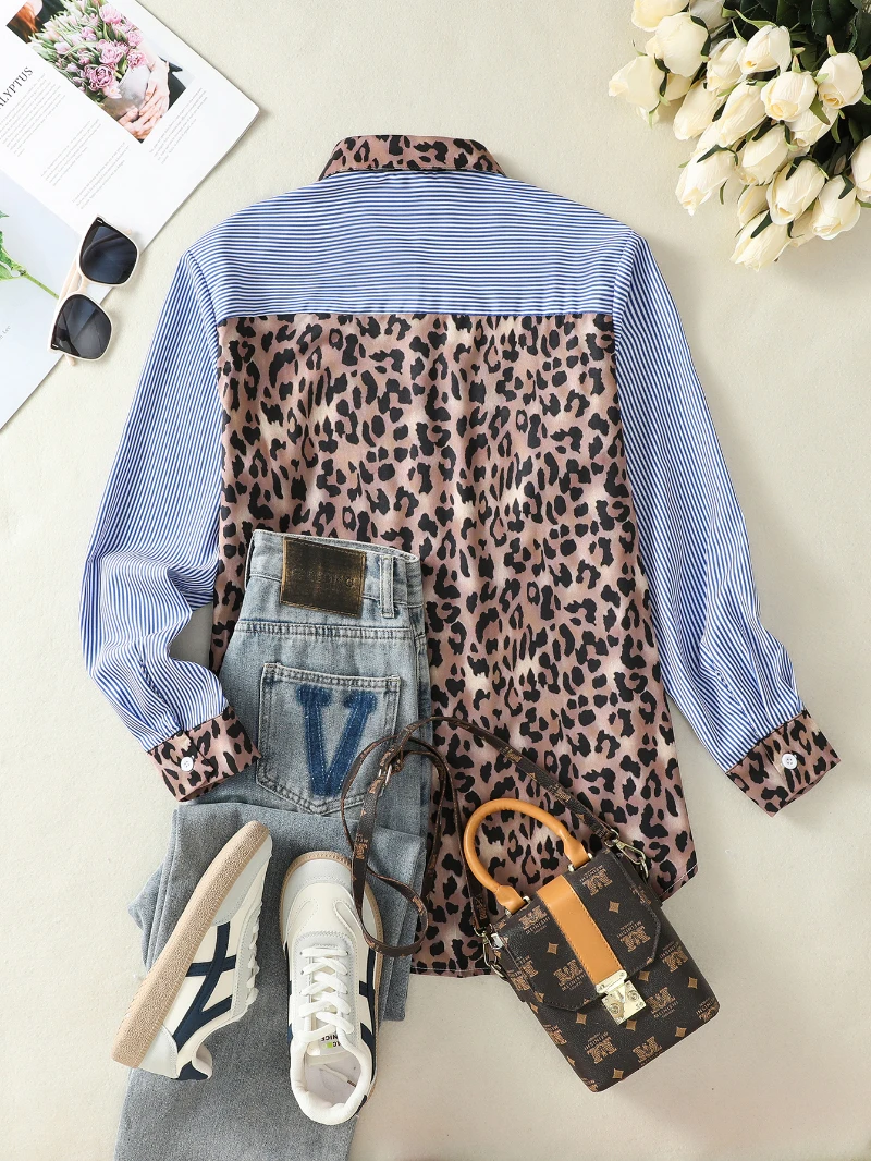 Bomon Y2K 2000s Simple American Retro Striped Splicing Leopard Print Design Style Top Chic Spring And Autumn New Women's Shirt