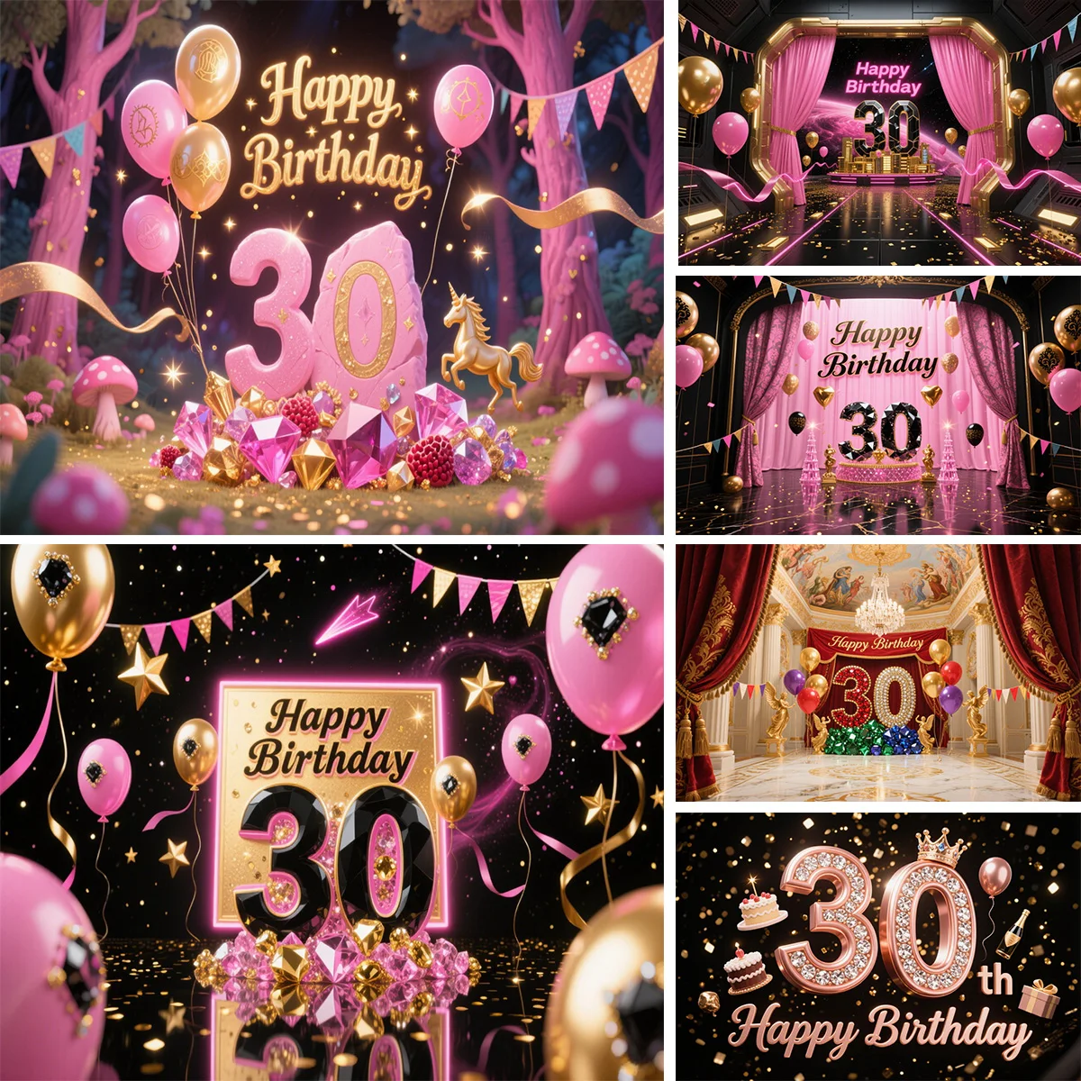 Conjunto de decoraciones para 30 cumpleaños, tema dorado rosa, globos grandes de 30 letreros, banderines para celebración de fiestas de libros de galaxia de bosque mágico