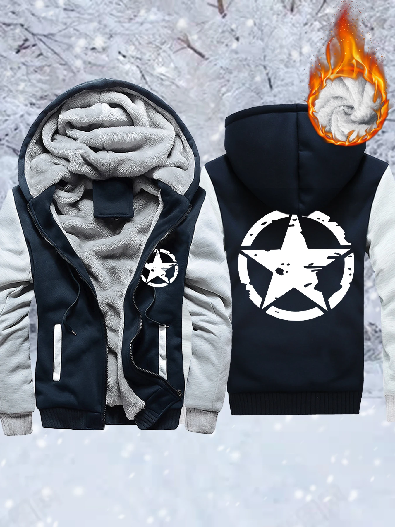 

Circle And Pentagram Creative Prints Mens Pocket Thicken Jackets Fleece Comfy Hoodie Winter Zip-Up Outwear Warm Basics Coat