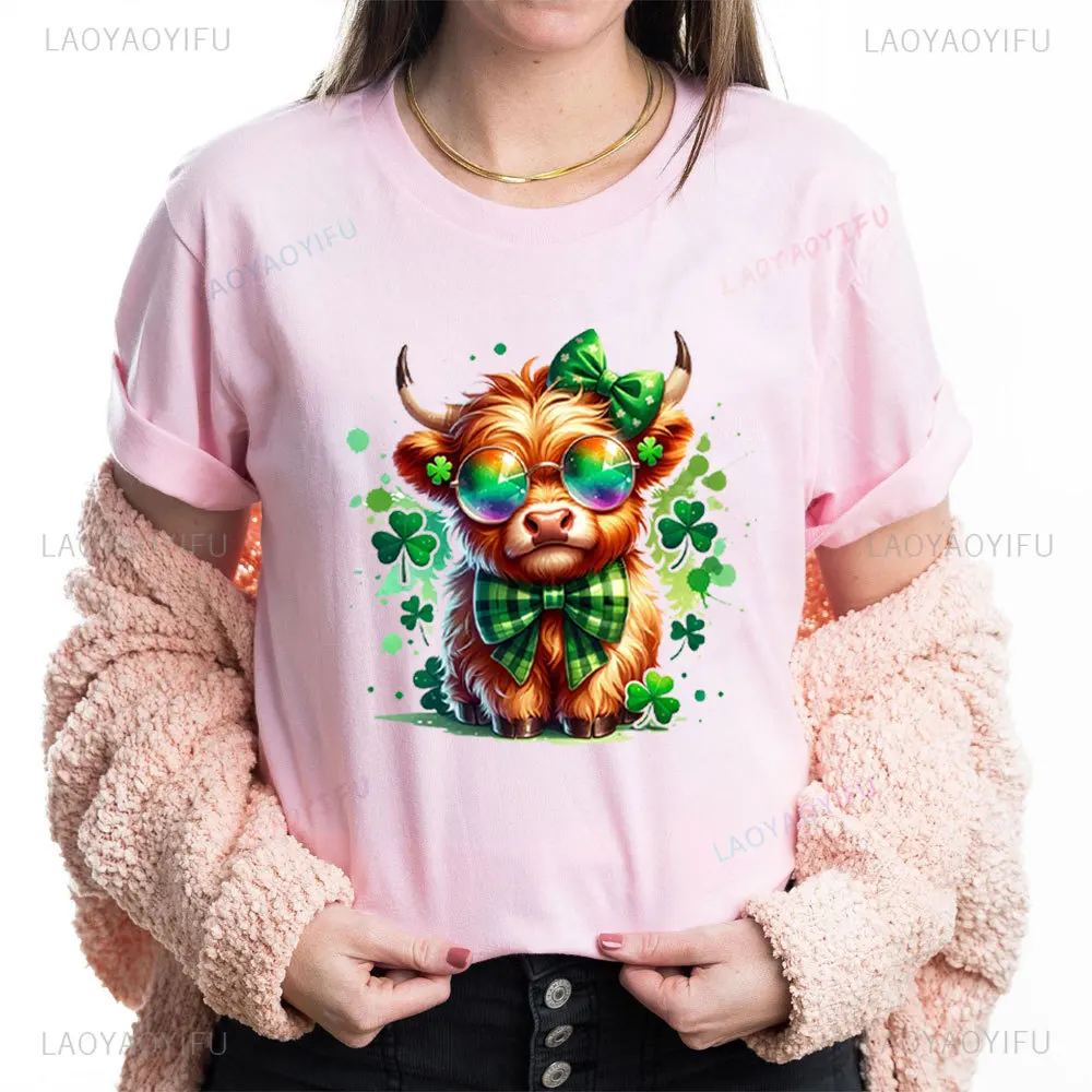 St Patrick's Day Highland Cow Women Cotton Retro St Patricks Ireland Celebrates Matching T-shirts Unisex Fashion Summer Tee-tops