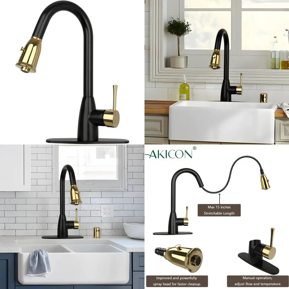 Torneira de cozinha suspensa em dois tons, preta fosca e dourada com placa de convés – garantia de 5 anos, durabilidade de longa duração