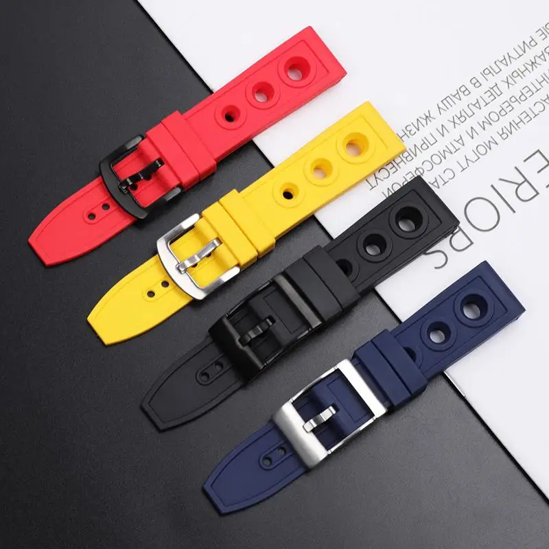 TINTAG 22mm 24mm Black Blue Red Soft Silicone Rubber Watch Band Pin Buckle Belt Watchband Accessories Tools For Breitling