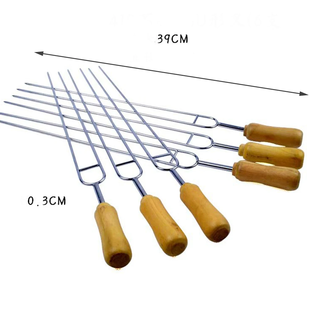 

6pcs Anti-scalding BBQ Skewers Stainless Steel U Shape Forks Wood Handle Sharp Needle for Picnic Barbecue Tools Kitchen Barware