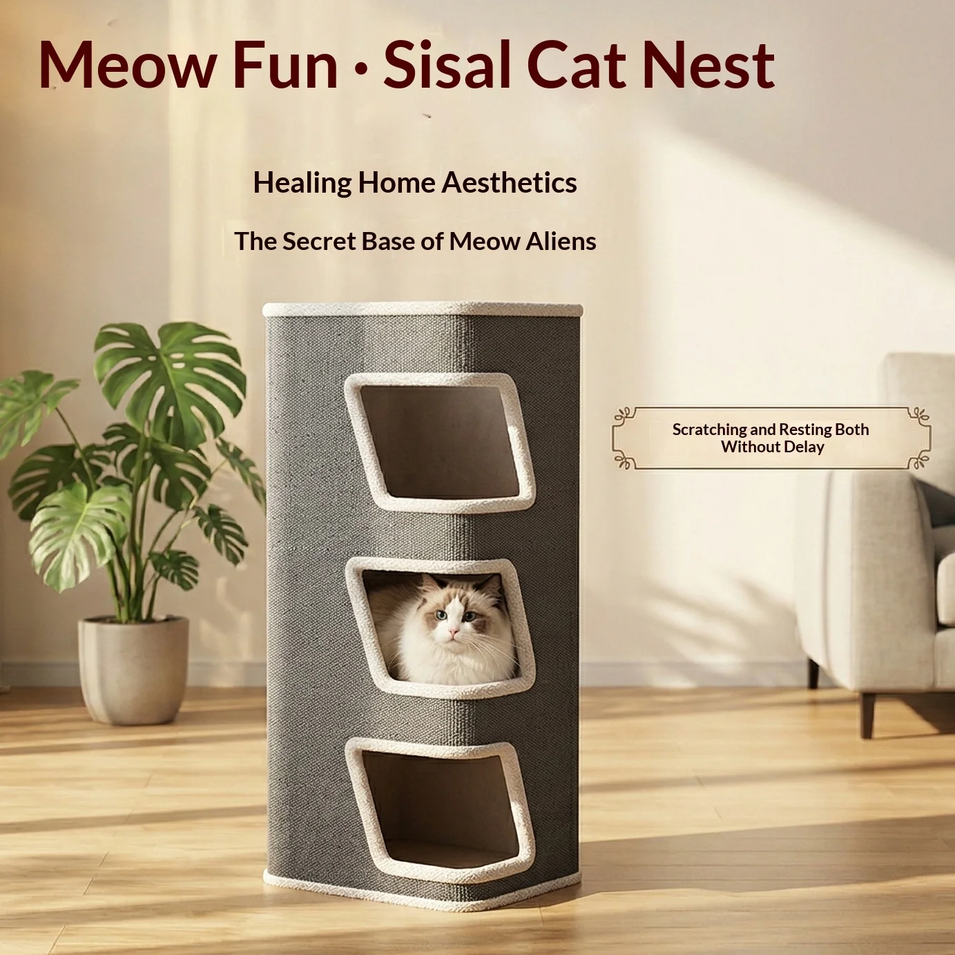 Árbol rascador multi-nivel para gatos cerrada: poste y cueva cálida - imagen 3