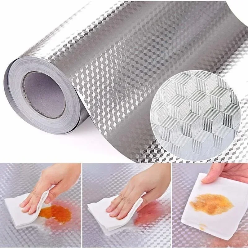 Kitchen Wallpaper Stickers Self Adhesive Aluminum Foil Oil Proof Waterproof Stickers for Countertop Drawer Cabinets