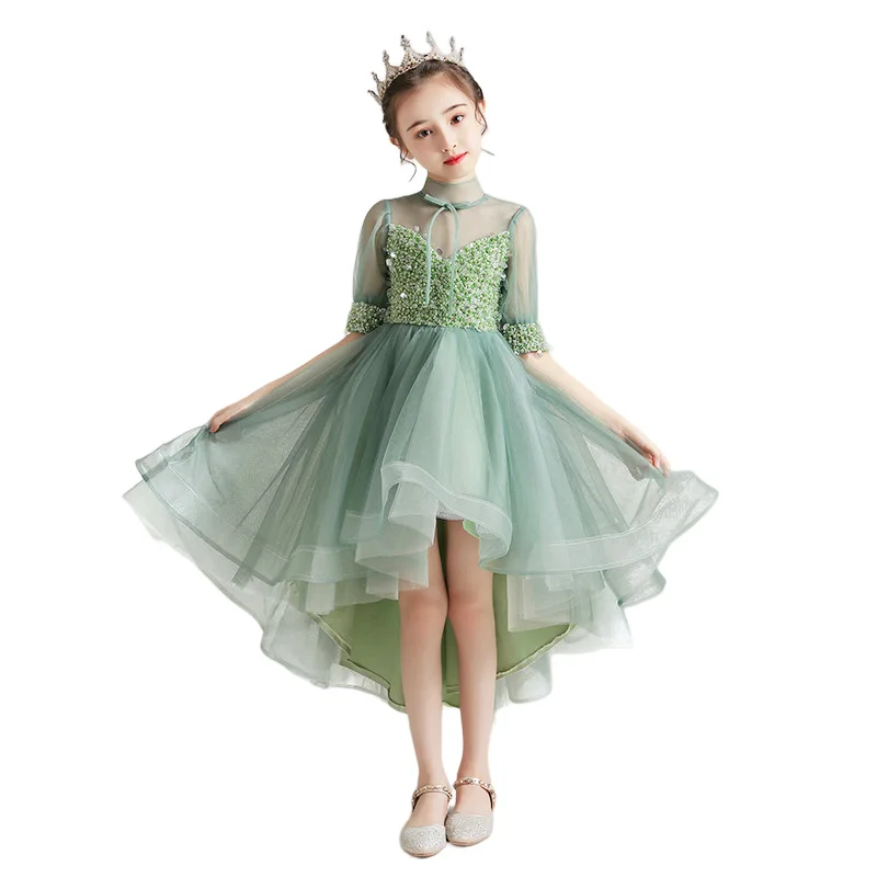 Summer Beading Tulle Knee-length Sage Green Flower Girl Princess Dress 1st Birthday Ceremonies Wedding Party Holiday Dress Pink