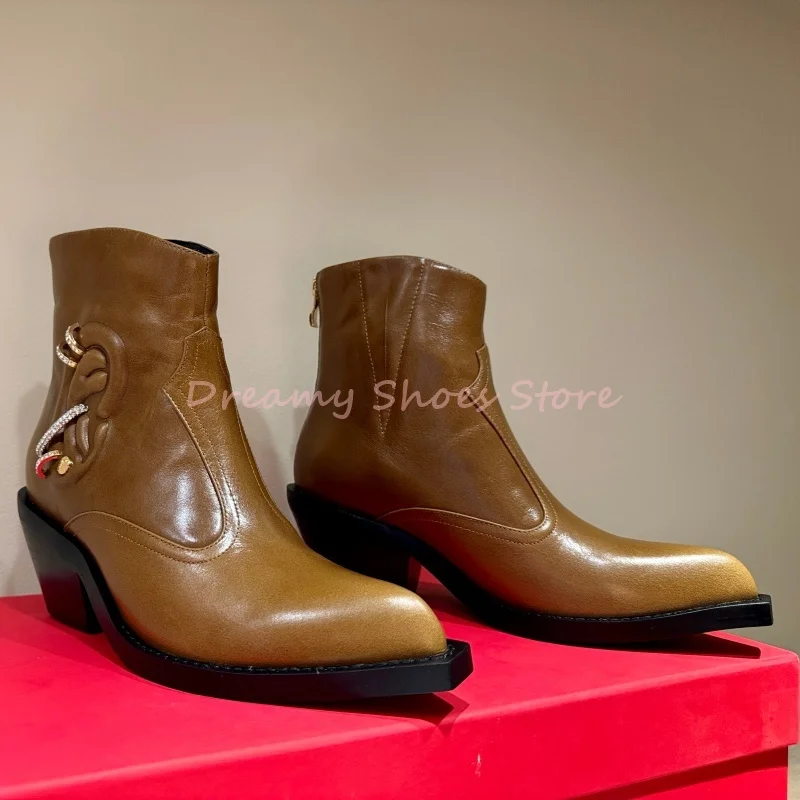 

Pierced Ear Rhinestone Pointed Western Ankle Boots Women Back Zipper Leather Chunky Heels Short Boots Luxury Retro Ladies Shoes