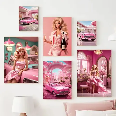 Fashion Cartoon Pink B-Barbie Girl Posters Lovely Doll Prints Canvas Printing Wall Art Picture for Girls Bedroom Home Decor Gift