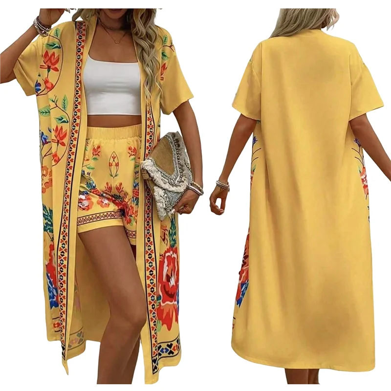 

Женское кимоно больших размеров с цветочным принтом в стиле бохо с короткими рукавами — верхняя одежда с открытой передней частью и шорты, летний наряд из двух предметов